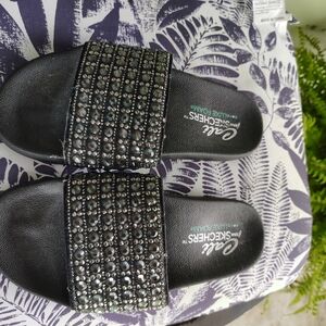 Skechers Black Slide Sandals with Silver Accents